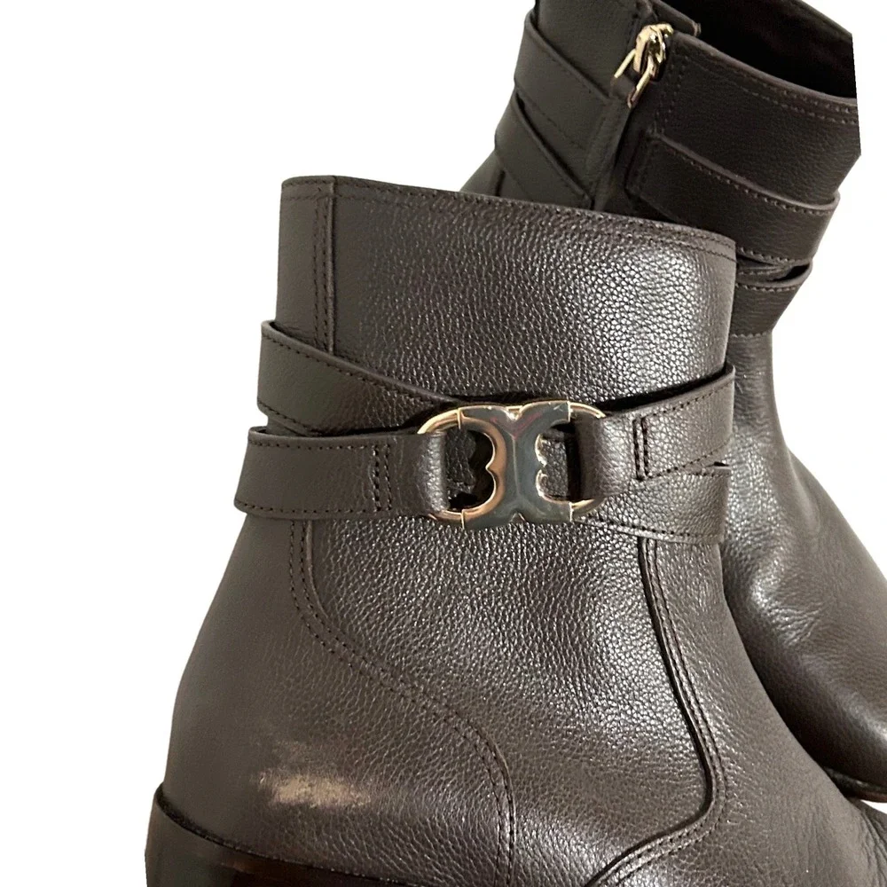 Tory Burch Gemini Gold Link Brown Leather Ankle Boots 8.5 Old Money Quiet Luxury